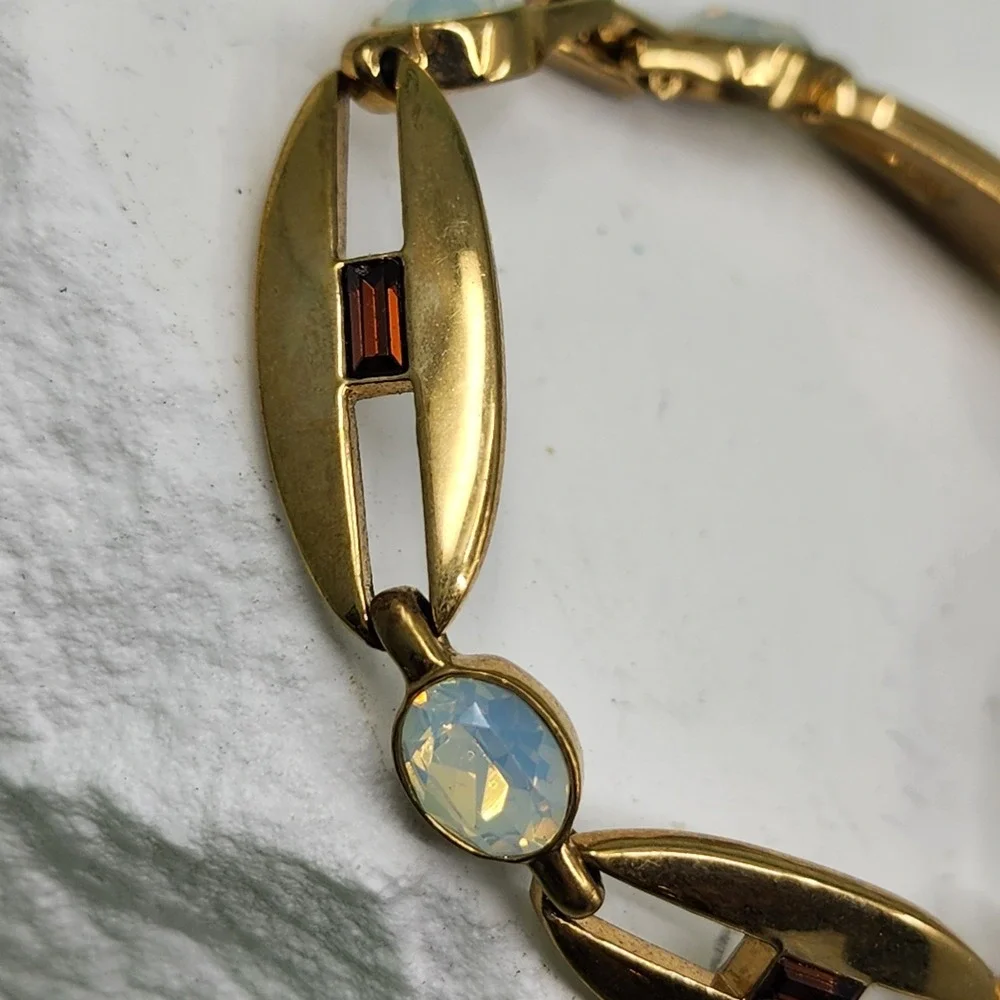 Gold Tone Opalescent Crystal Link Bracelet Brown Baguette Art Deco Statement